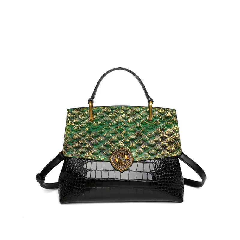 2023 leather top layer cowhide handbag with snake pattern single