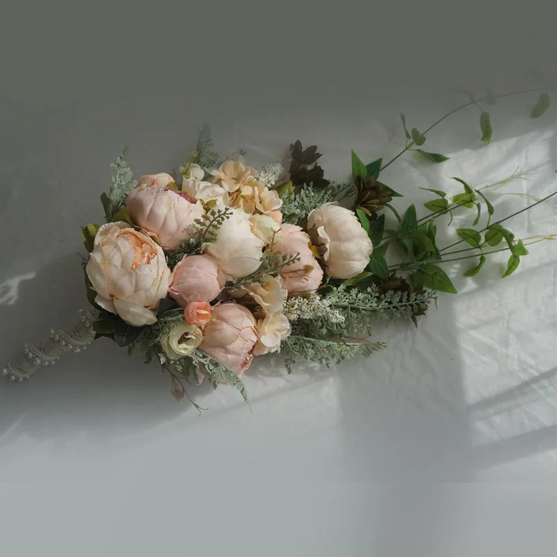 Waterfall Silk Peony Wedding Flowers Bouquet For Bridal Bouquets Vintage Ivory Pink Artificial Flowers Mariage Bride Bouquet