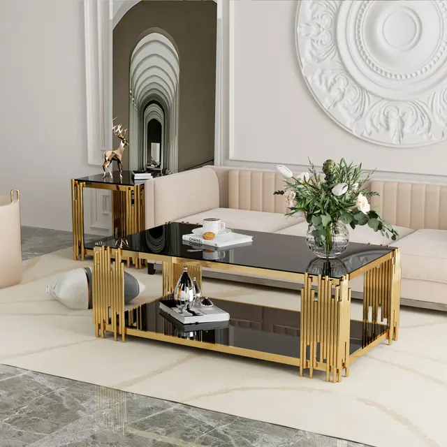 Modern Stainless Steel Rectangle Glass Coffee Table – Gold Legs