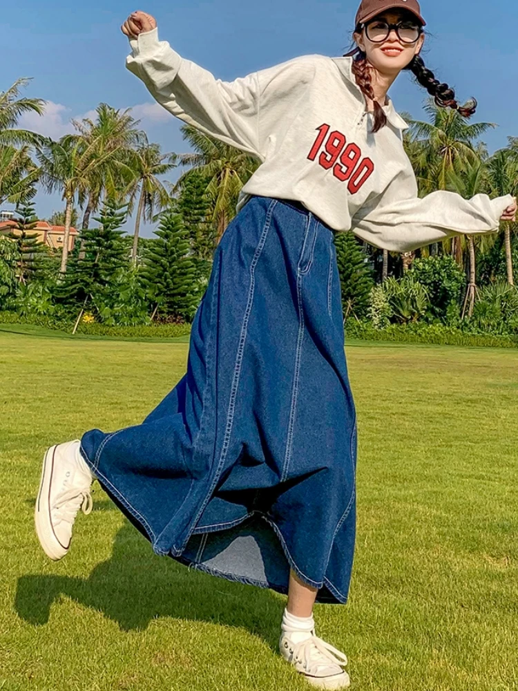 Maxi Long Skirts Women Spring Summer Casual High Waisted Jean