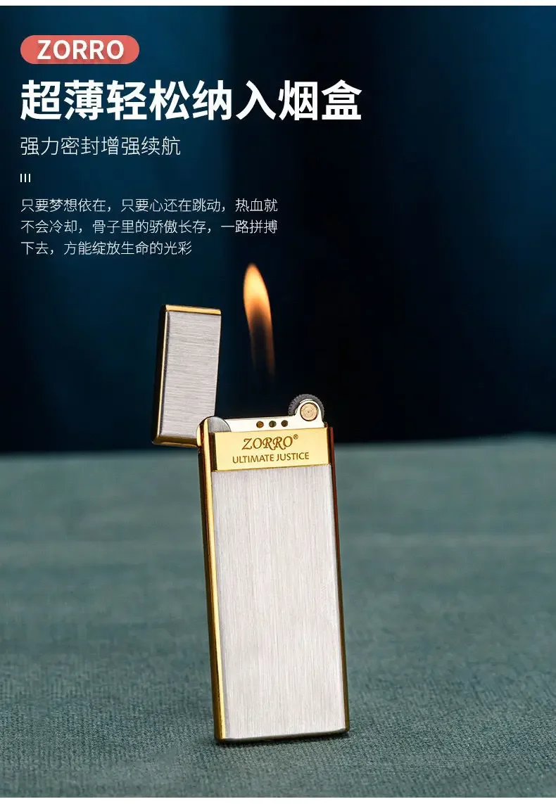 Description Picture 4 of item2024 New Zorro Brass Lighter Slim 5mm Inflatable Creative Grinding Wheel Portable Classic Windproof Lighter Smoking Men's Gift