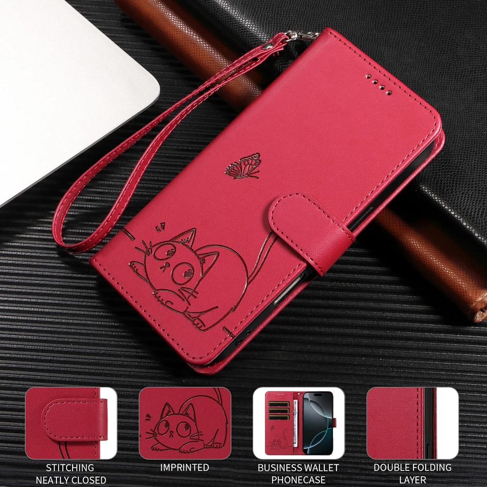 Premium Magnetic Leather Wallet Case with Cat and Butterfly Embossed Design