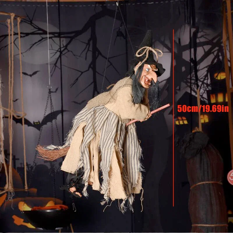 Hanging Witch Doll on Broomstick with Glowing Eyes Scary Sound Halloween Decoration Props Flying Witch for Haunted House D&eacute;cor