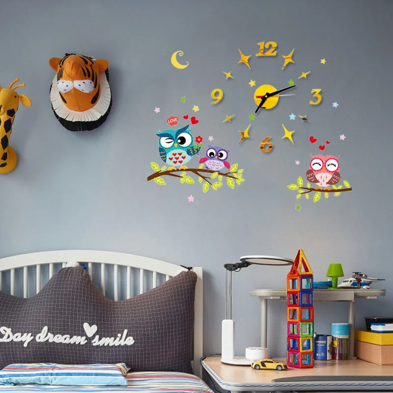 2022 Children'S Room 3D Diy Wall Clock Modern Home Decoration Owl Art Sticker Decal Acrylic Quartz Watch Living Wall Clocks