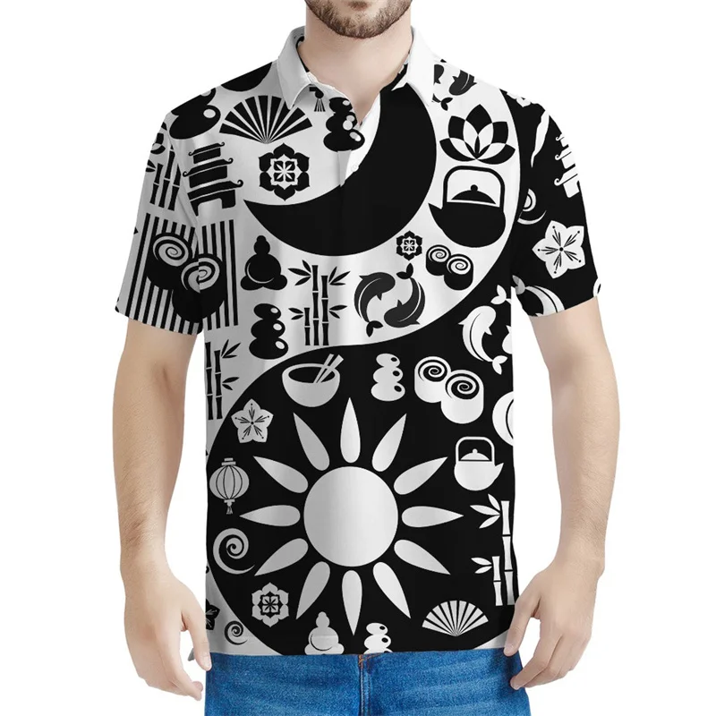 

Black White Yin Yang Pattern Polo Shirt Men 3D Printed The Eight Trigrams T-Shirt Lapel Short Sleeves Button Loose Tee Shirts