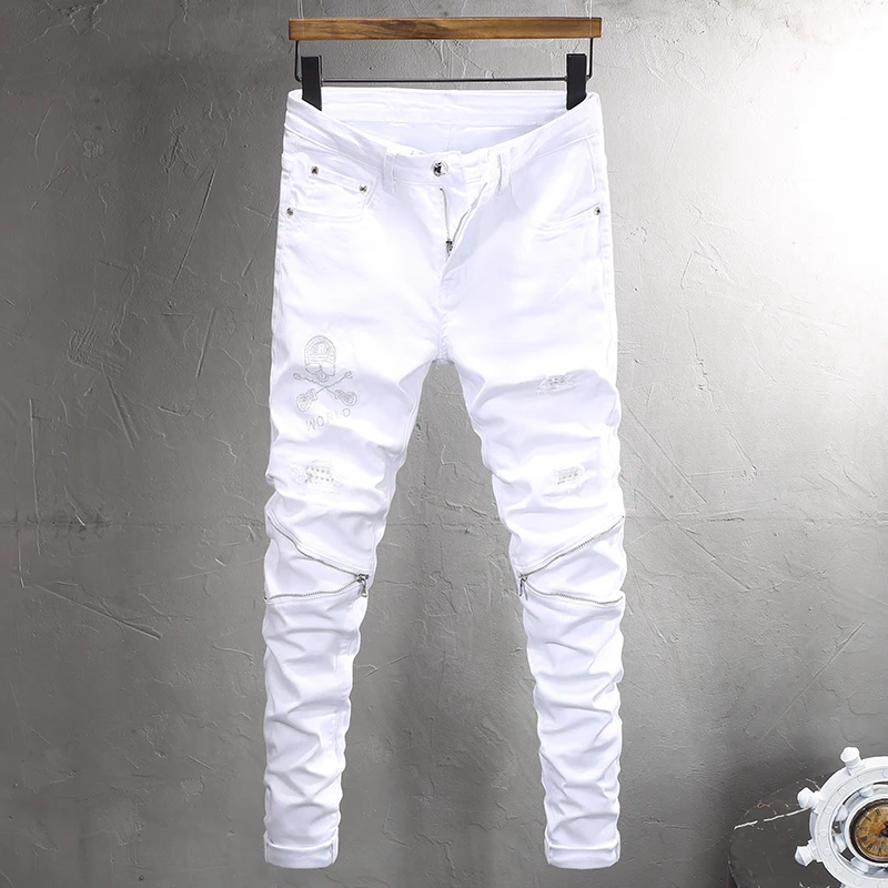 High Street Fashion Men Jeans White Elastic Stretch Skinny Ripped Jeans Men Beading Patch Designer Hip Hop Denim Pencil Pants