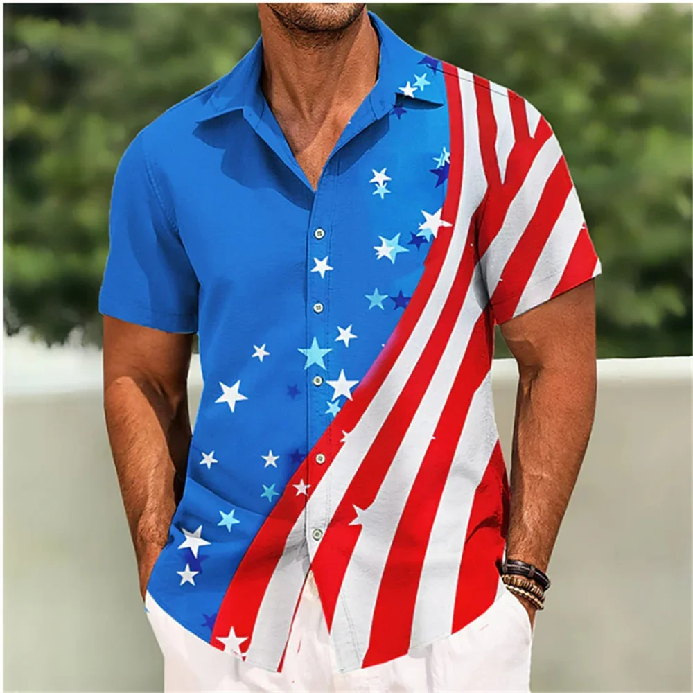 2024 Men's Shirts Independence Day Flag Print Polo Collar Short Sleeve Shirts Outdoor Street Fashion Designer Casual Soft