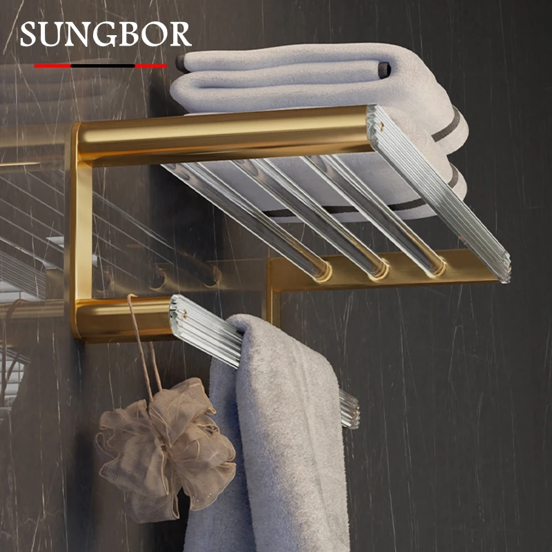 

Towel Rack Holder 50-60 CM Shower Organizer Hanger Wall Fold Hook Bath White Gold Aluminum Storage Shelf Bathroom Accessories