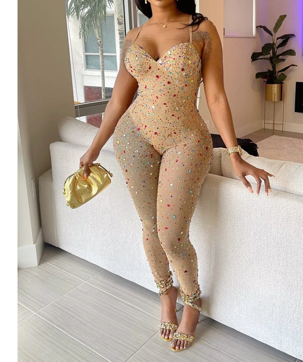 Women's Jumpsuit Fashion Mesh Hot Diamond Sleeveless One Piece Romper Sexy Bodycon Jump Suits Female Streetwear Overalls 2024