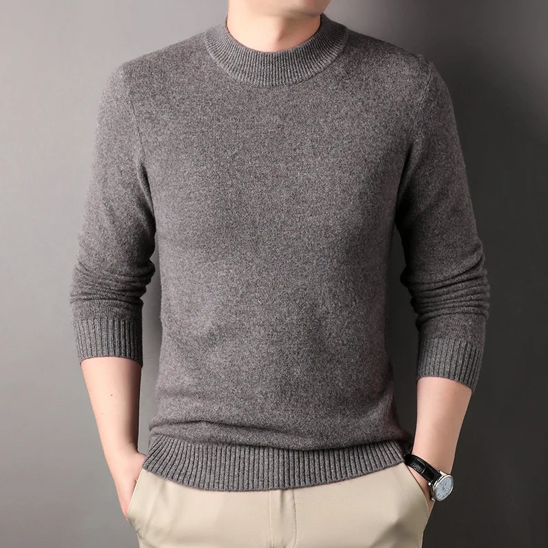 100% Pure Wool Sweater for Men Thickened Half-High Collar Commuter's All-Matching Base Cardigan Men