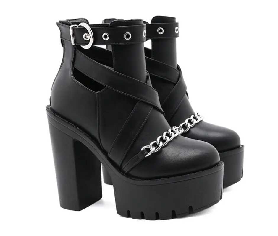 Autumn Winter Platform Boots For Women Sexy Round Toe Buckle Strap Pole Dance High Heels Pumps Fashion Sexy chain Black Shoes