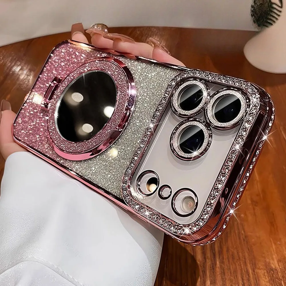 Luxury Diamond Clear Glitter MagSafe Case with Mirror Magnetic Phone Holder and Stand