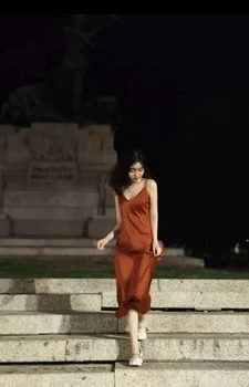 Elegant women's fashion silk satin texture MIDI dress sexy backless party slip dress 4