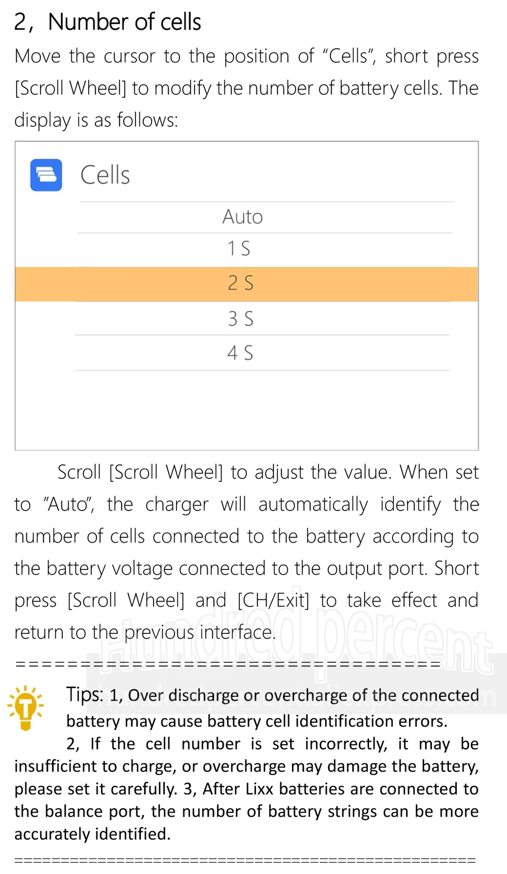 ToolkitRC Q6AC 1-6S Lipo Battery Charger. Adjust charger settings by moving cursor to 'Cells' and pressing Scroll Wheel to modify cell count or set to 'Auto' for automatic detection.
