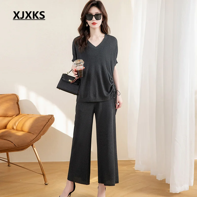 

XJXKS Women's Summer Two-piece Set 2023 New Loose Oversize V-neck Short-sleeved Top + Elastic Waist Long Pants