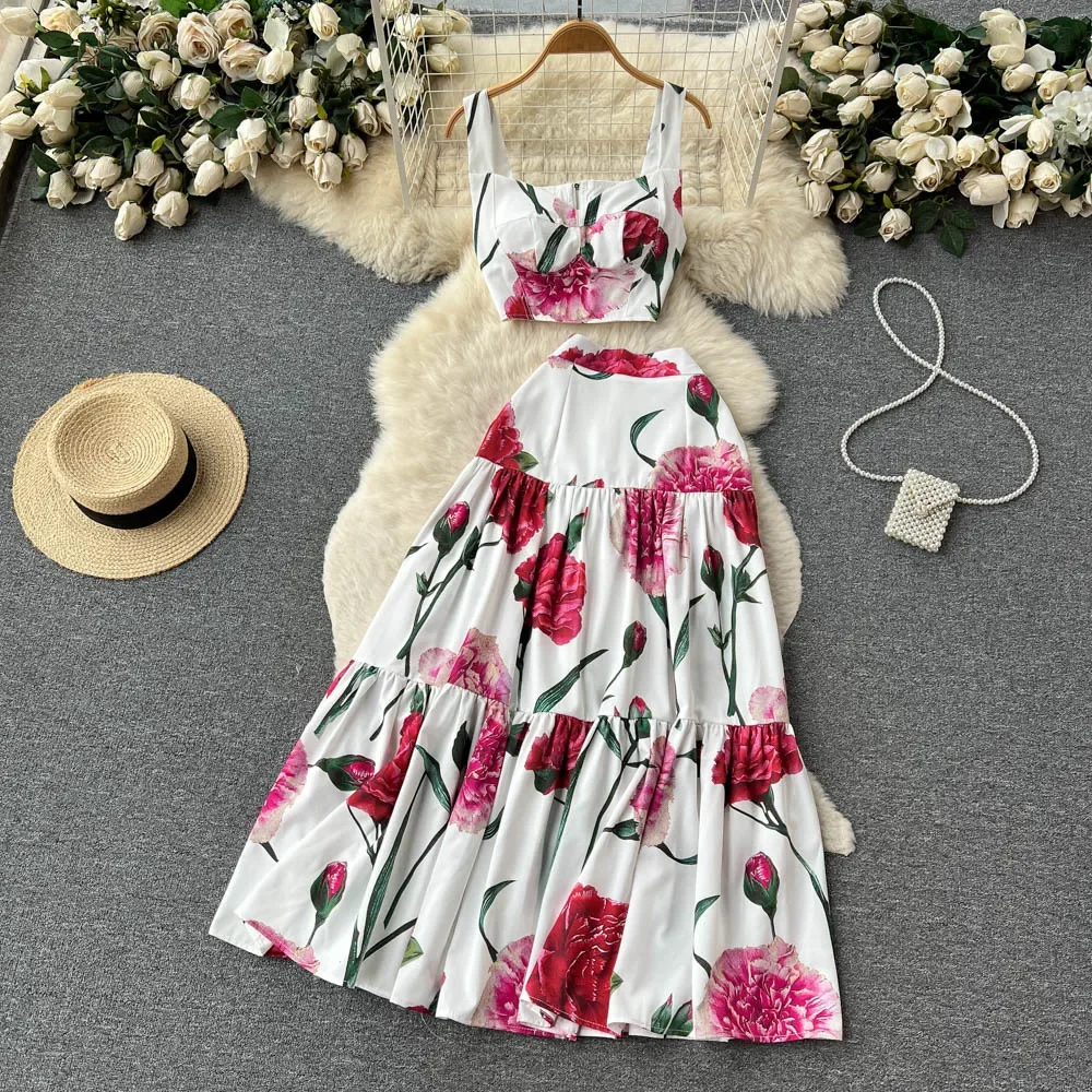 2024 Light Luxury Style Square Collar Camisole Top with High Waist Niche Design Sense Printed Skirt Suit Two-piece Female