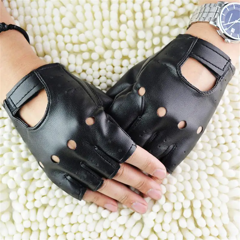 Unisex Synthetic Leather Polyurethane Black Fingerless Gloves Solid Woman Half Finger Driving Women Men Fashion Transport Gloves 5