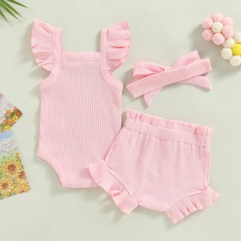 0-18M Toddler Girls 3Pcs Summer Clothes Fly Sleeve Solid Romper Tops Drawstring Short Pants Headband 3