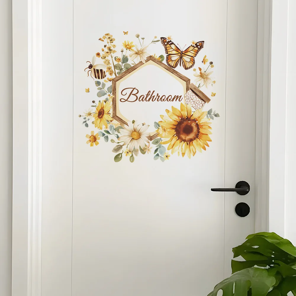 Toilet Letters Decal Waterproof Sunflower Butterfly Toilet Door Sticker Golden Letter Decal Bathroom Decoration Removable