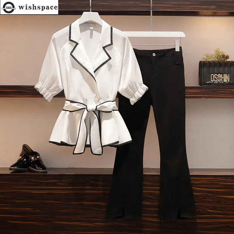 Large 2022 New Spring and Summer Women's Suit Fashion Suit Collar Top Loose Wide Leg Pants Two Piece Elegant Women's Suit