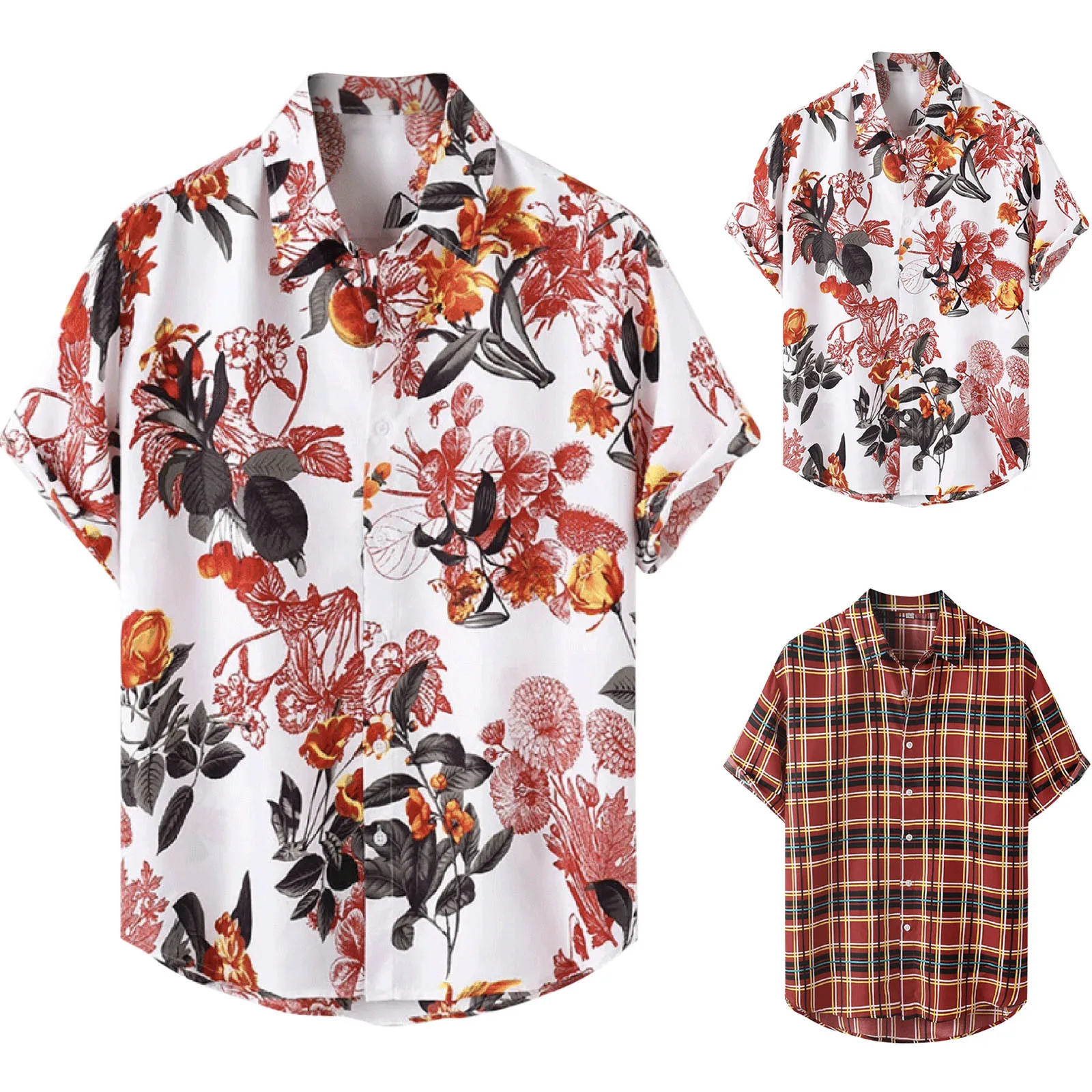 

Men's Spring Printed Turndown Casual Short-Sleeved Shirts Blouse Solid Shirts Retro Flower