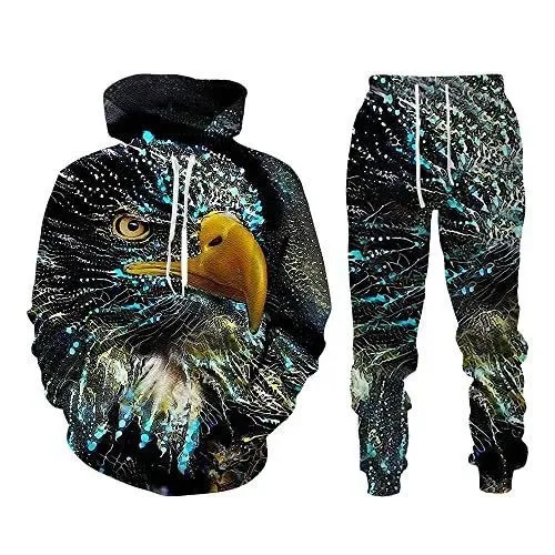 American Street Retro Print Hoodie Set Casual Sports Set Animal Print Wolf Pattern Handsome Versatile Men's Set