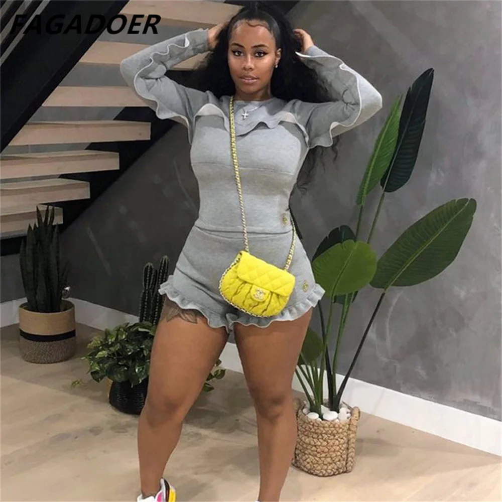 

FAGADOER Casual Cute Two Piece Set Ruffles Long Sleeve Top + Shorts Women Fashion Ruffled Solid Tracksuits 2pcs Outfits