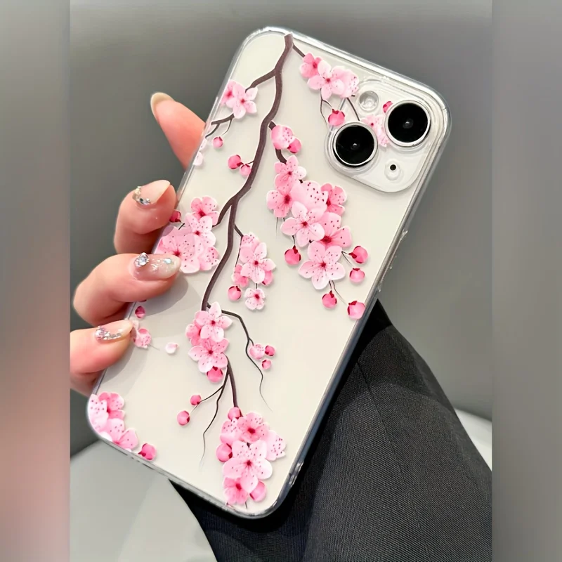 Pink Plum Blossom Shockproof Transparent Phone Case Cover