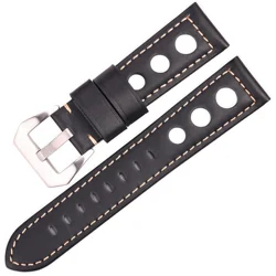 Vintage Genuine Leather Watch Strap - Retro Cowhide Band with Stainless Steel Pin Buckle - 22mm (Black)