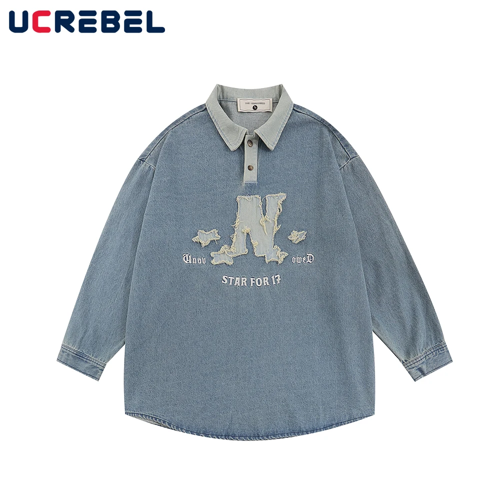 

Letter Embroidery Retro Denim Polo Shirt Mens Autumn Casual Washed Distressed Contrast Lapel Loose Raw Edge Long Sleeve Top