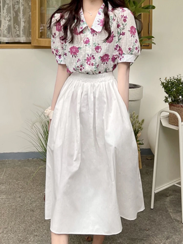 

French Gentle Woman Summer Floral Shirt Long Skirt Set Retro Harajuku Girl All-match Gentle Style Fairy Chiffon Shirt Skirt Suit