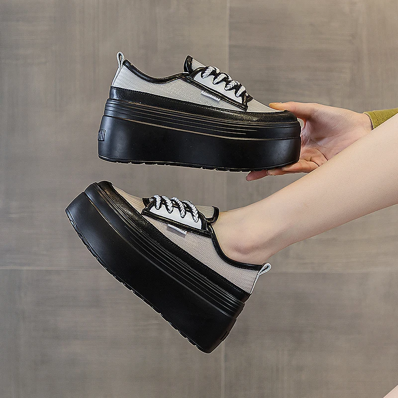 

8CM Genuine Leather Platform Wedge Breathable Chunky Air Mesh Sneaker Casual Comfortable High Brand Hollow Spring Summer Shoes