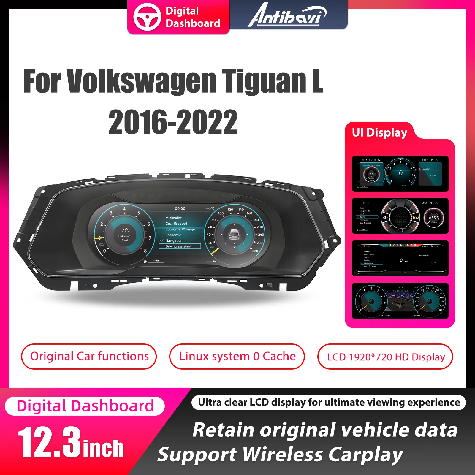 Panel de instrumentos digital para Volkswagen Tiguan L años 2016-2022, cabina virtual, velocímetro 1