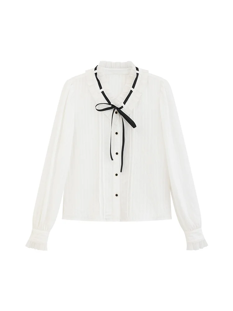 French Style Bow Tie Long Sleeve Blouse Women Elegant White