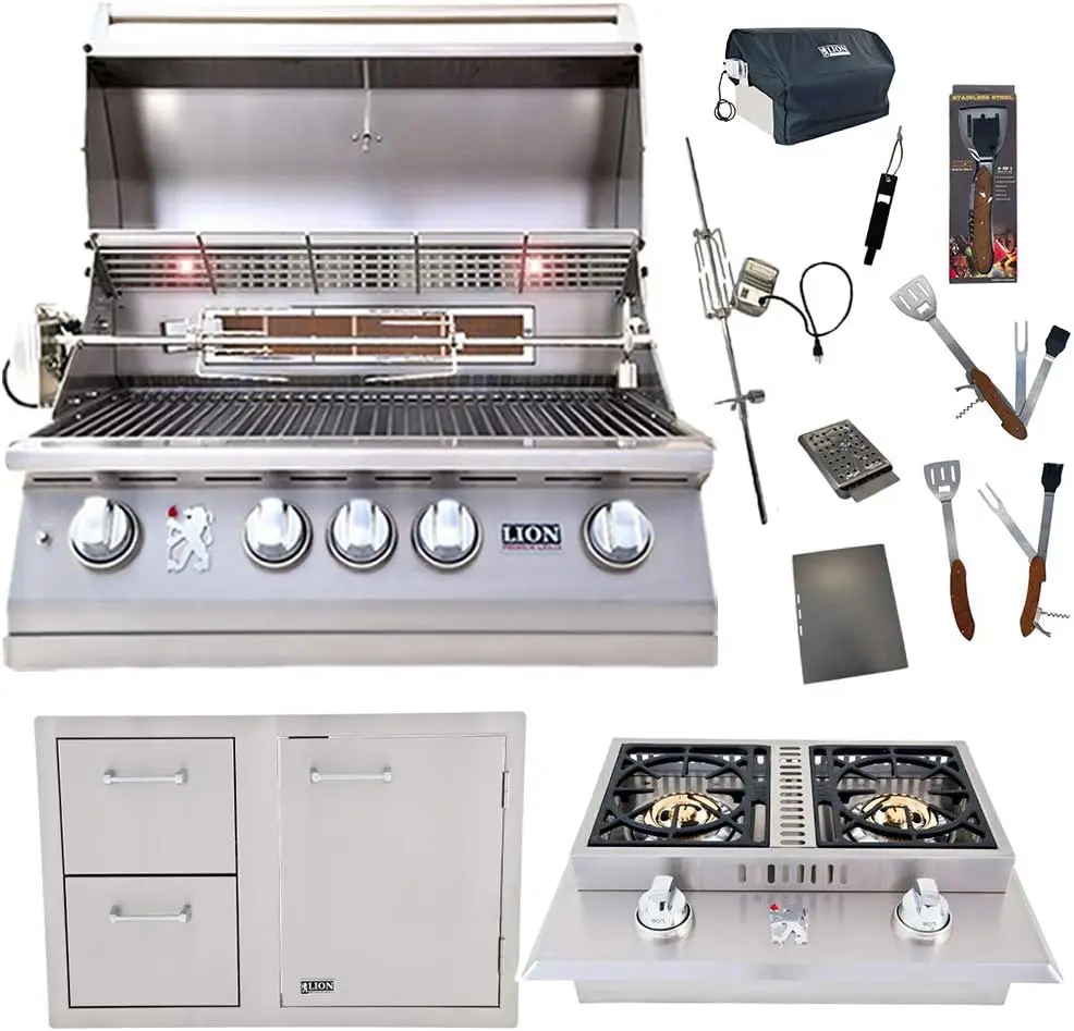 32-Inch Natural Gas Grill L75000 and Double Side Burner with Lion Door and Drawer Combination Unit with 5 in 1 BBQ Tool Set