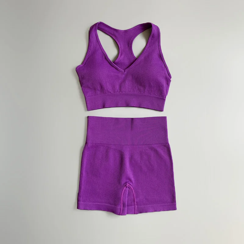 SeamlessYogaShortsSetWomenFitnessOutfitVNeckSportsBraHighWaistShortsRunning