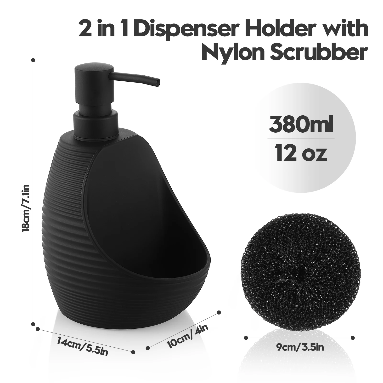 2-in-1 Modern Kitchen Soap Dispenser with Sponge Holder Nylon Scrubber Matte Stripe Black