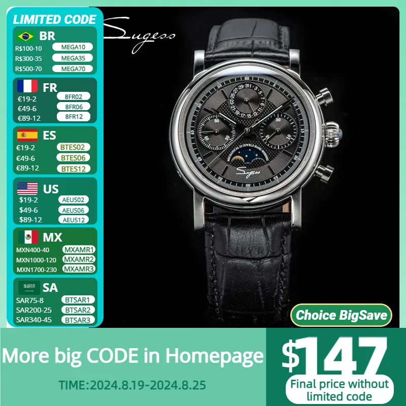 Mechanical Watch ST1908 Chronograph Wristwatches Moonphase Movement Waterproof Sapphire Calendar Vintage BK Dial mechanical watch