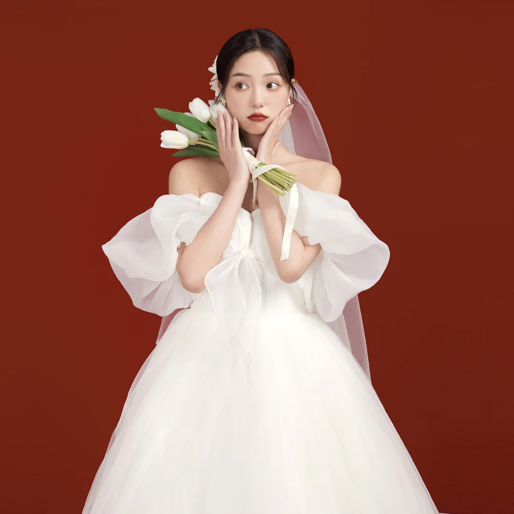 One Shoulder Bow Mesh Wedding Dress for Women Puff Sleeve Princess Skirt Length To The Ground Wedding Shooting Dresses