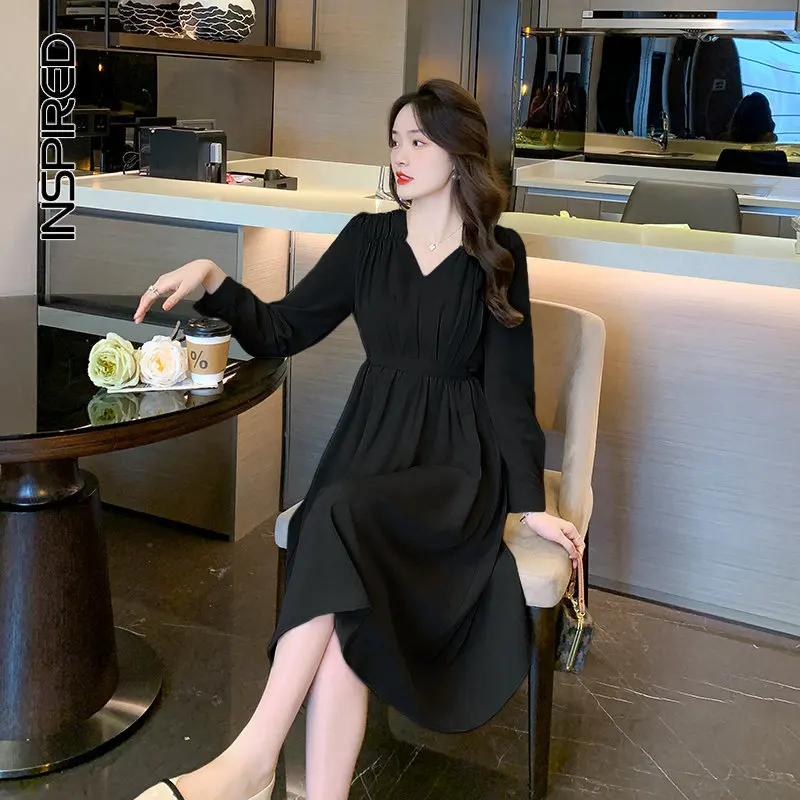 

Французское элегантное платье с V-образным вырезом для женщин, простые черные платья в стиле ретро, с длинным рукавом, роскошная мода, весна, осень, 2022 г.