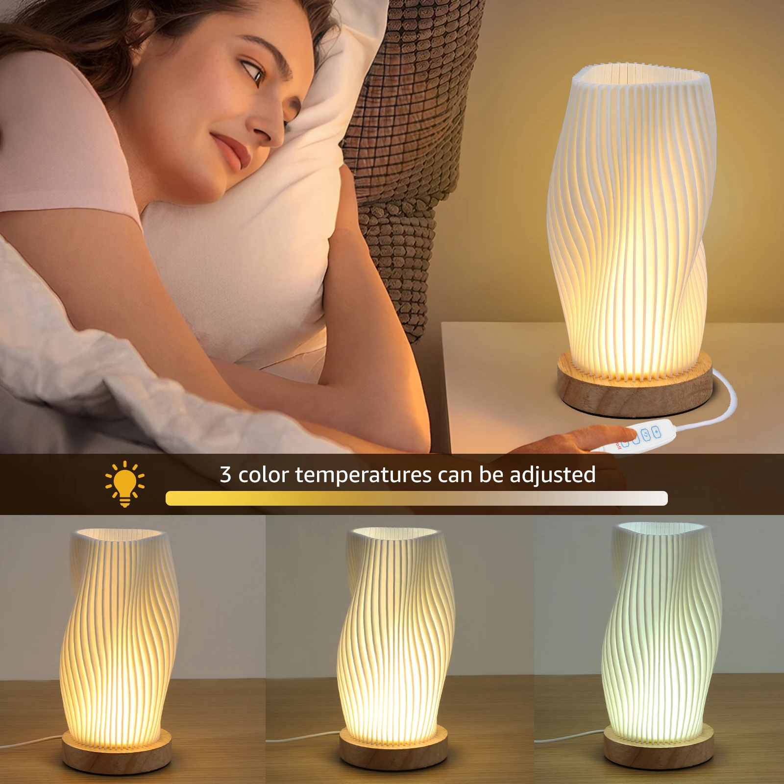 Novelty Bedside Lamp with Woodbase - Button Control Table Lamp for Bedroom Dimmable Nightstand Lamp with PLA Lampshade