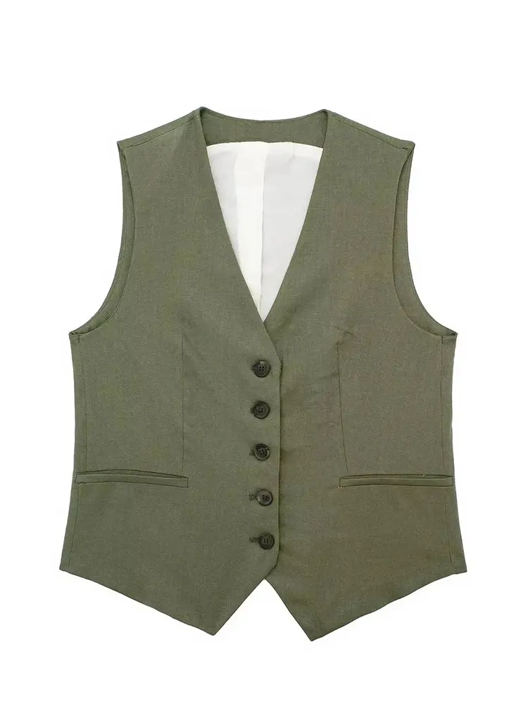 HH Women Fashion Solid Linen Vests Single Breasted Sleeveless Waistcoat Top Summer Female Casual Streetwear Suit Vest