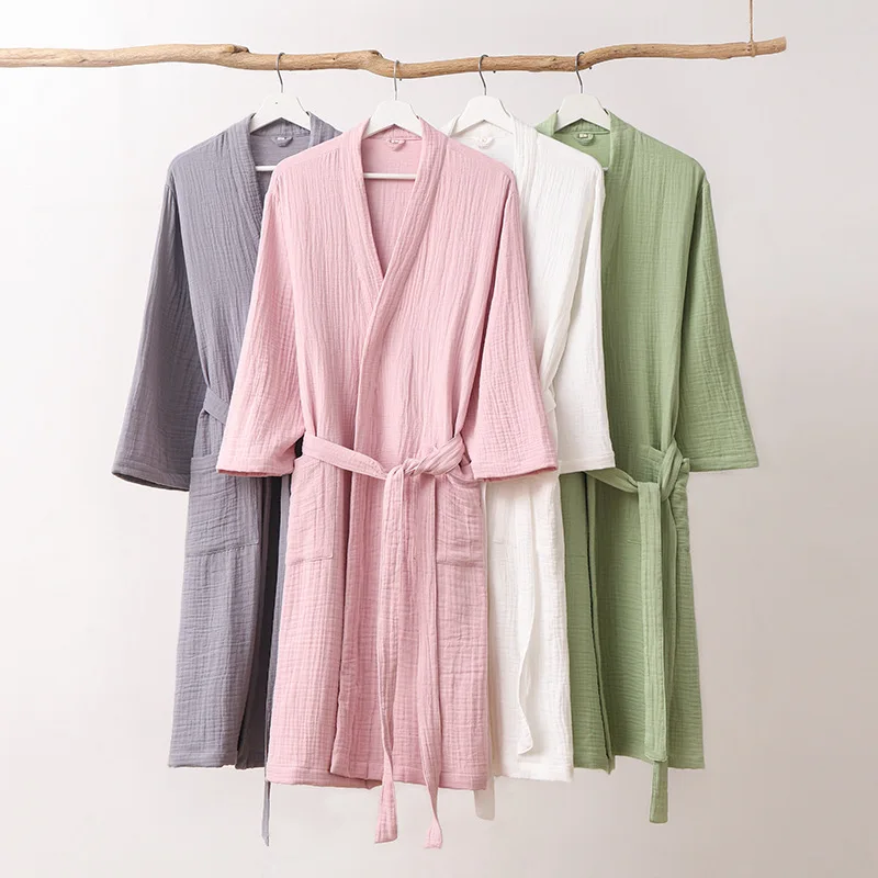 

100%Pure Cotton Couples Bathrobe 3-6 layers Mesh Soft Home Dressing Thin Pajamas Hotel Kimono Robes Couple Summer four season