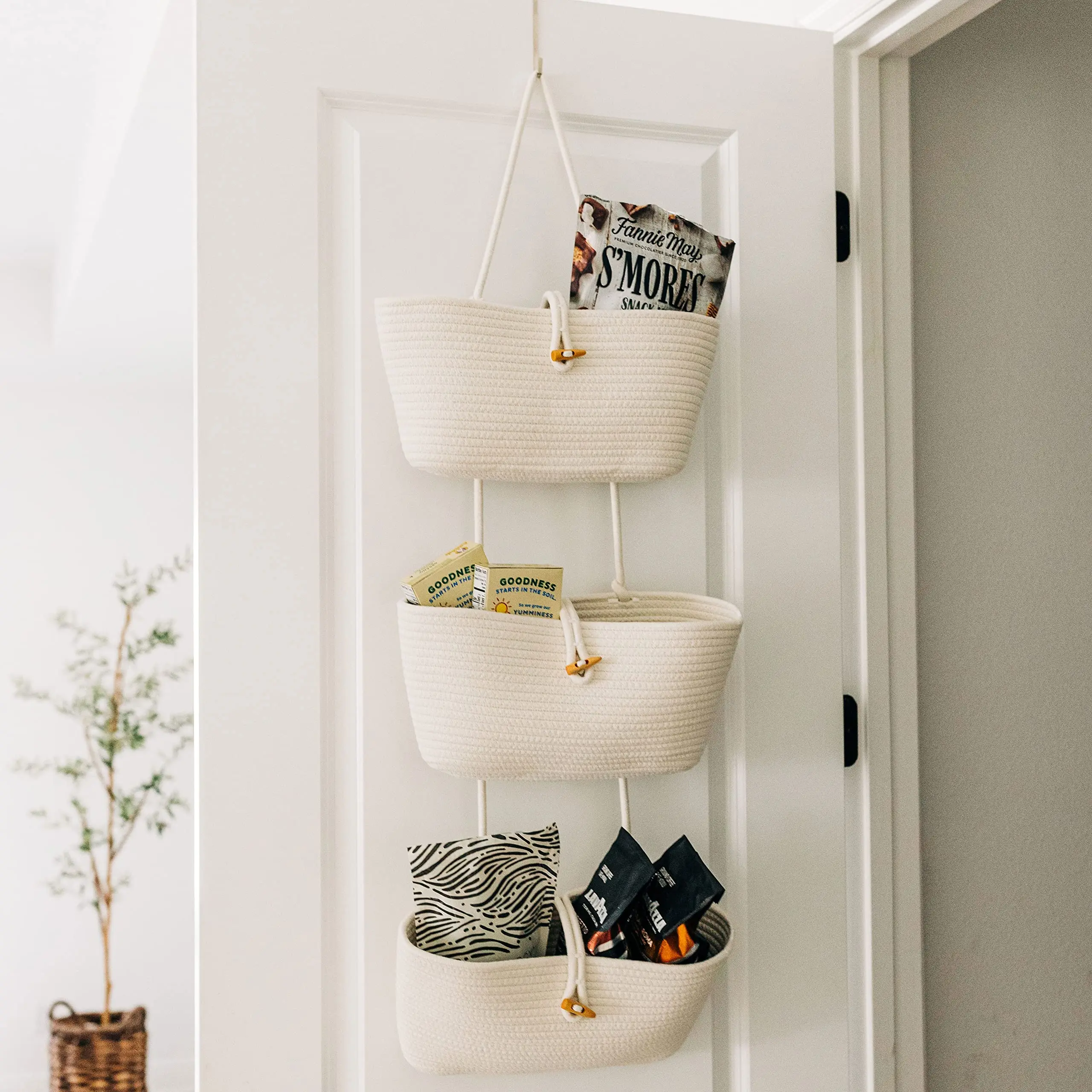 Woven Hanging Baskets 3 Tier Wall Mounted Storage Basket For Living Room