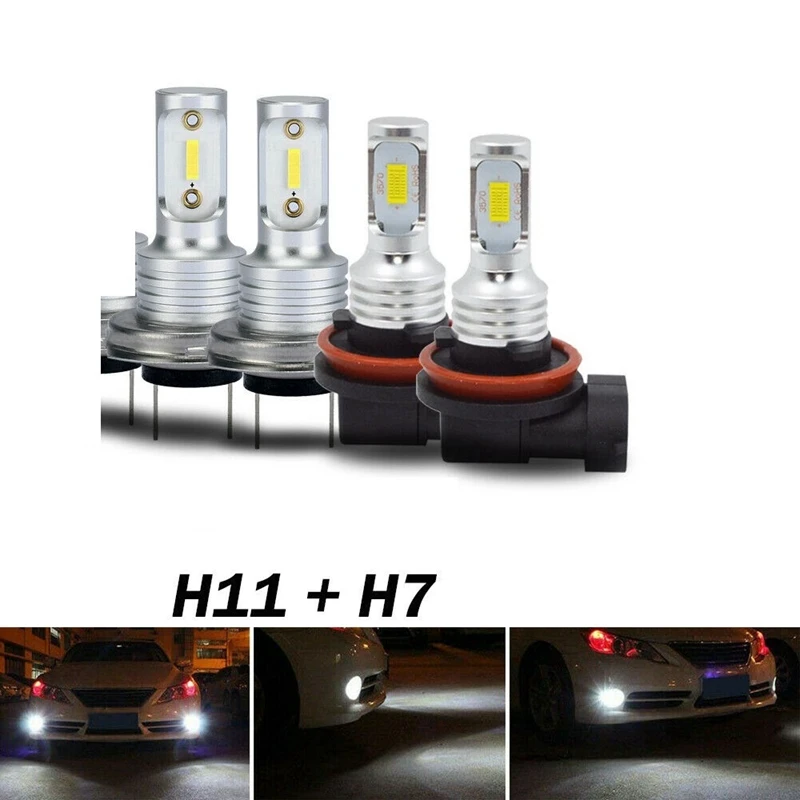 콤보 H11 + H7 LED 헤드라이트 전구 키트, 하이 로우 빔 안개등, 6500K..