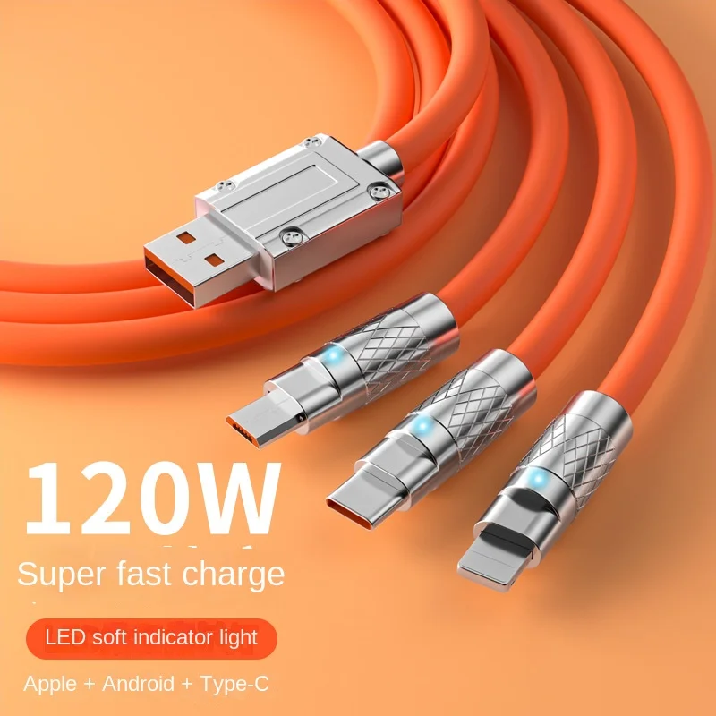 

3 In 1 120w Fast Charging Cable Type C USB Micro For Iphone Samsung Huawei Xiaomi Pilot Lamp Charger 6A Mobile Phone Cables