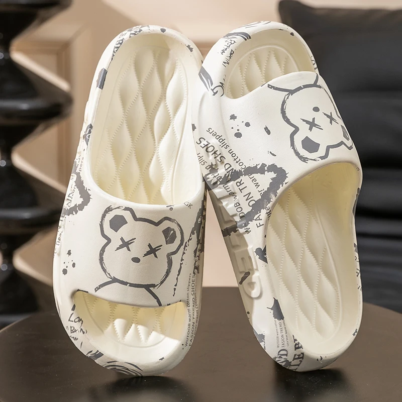 Fashion Summer Cartoon Bear Men Home Shoes Gent Non-slip Soft Indoor Slides Lithe Cosy Sandals Couple Slippers Women Flip Flops flip flops cushioned slippers eva slippers summer slippers house shoes summer sandals