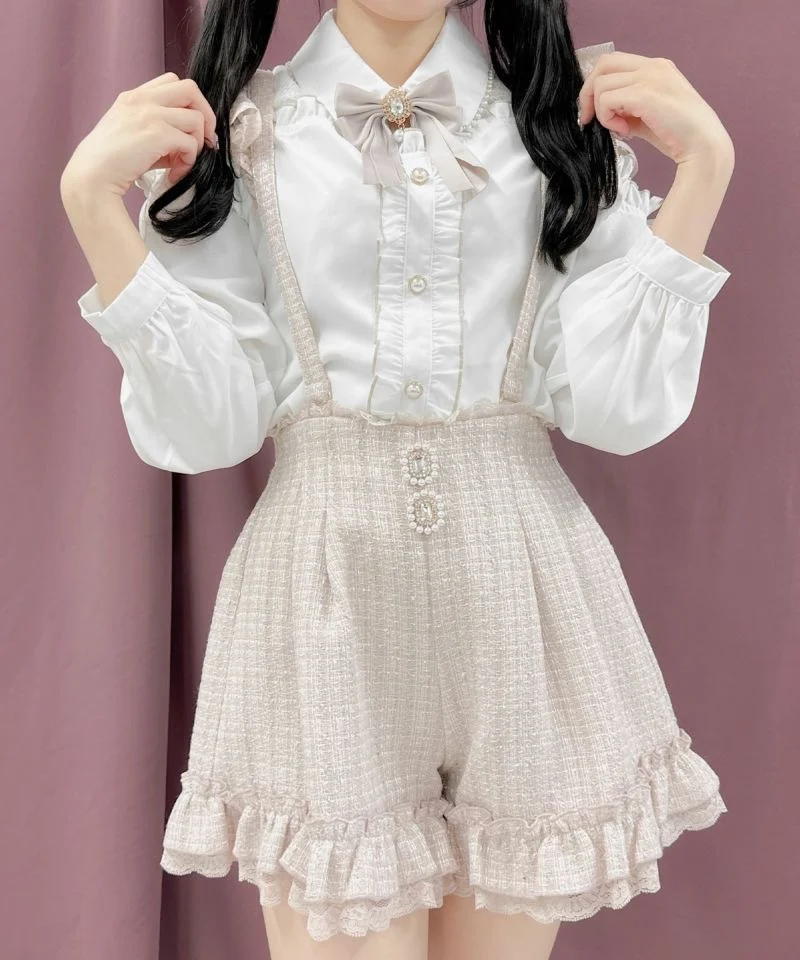 2023 New Lace Shorts Japanese Style Rojita Tweed Sling Drill Buckle Suspender Shorts High Waisted Short Pants Women's Clothing
