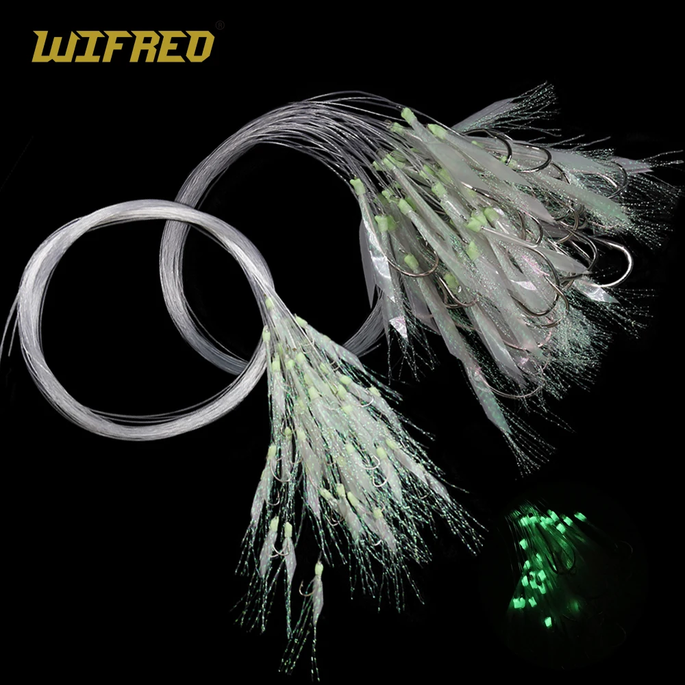 Wifreo 50Pc Luminoso Simulato Amo Da Pesca In Pelle Di Pesce Con Lenza Sabiki Rig Ganci Sub-Line Acqua Salata Pesce Pelle Richiamo Pesca