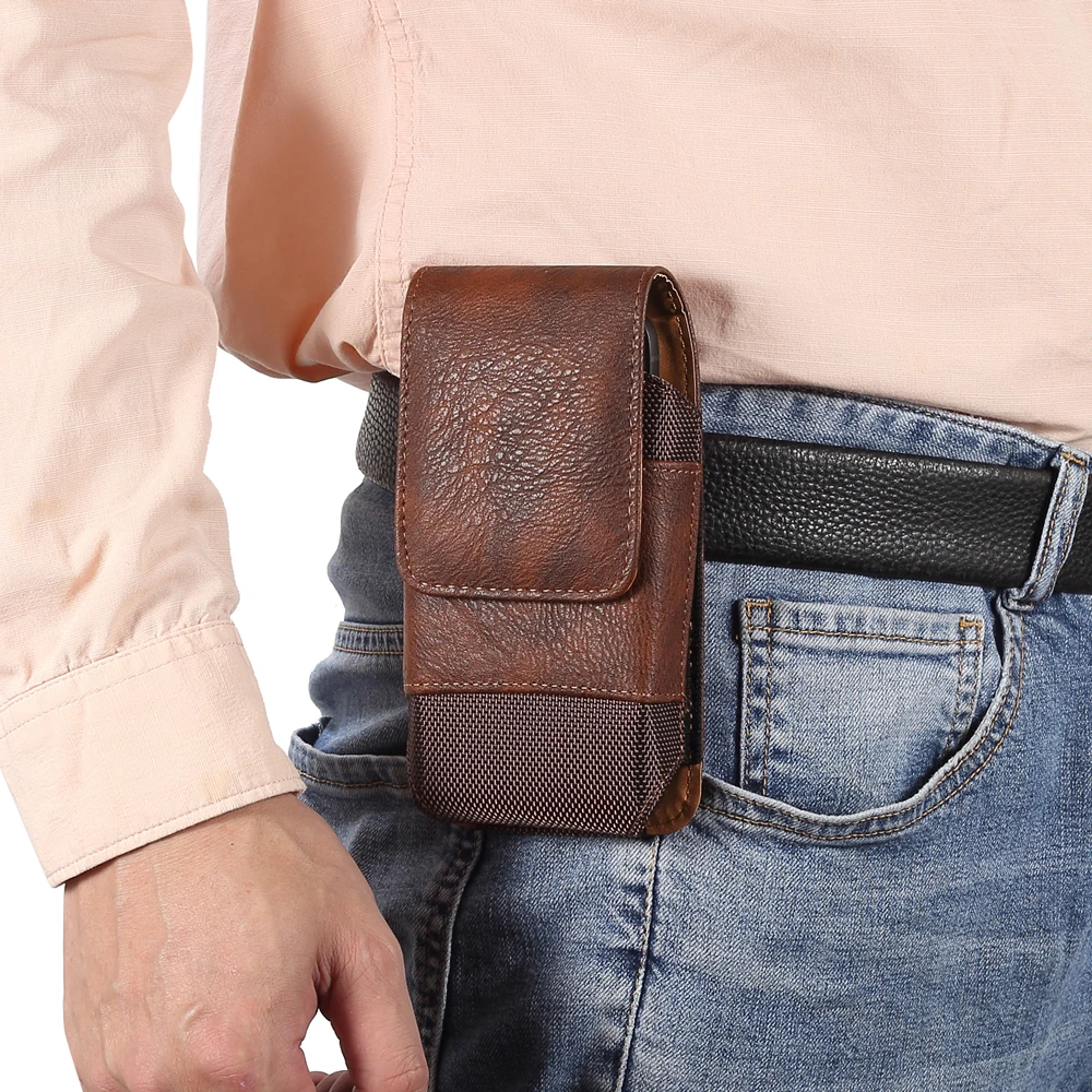 Leather Men Waist Bag-Universal Mobile Phone Belt Clip Case for iPhone 16 15 14 13 Pro Max Samsung Galaxy S22 S23 Xiaomi Huawei